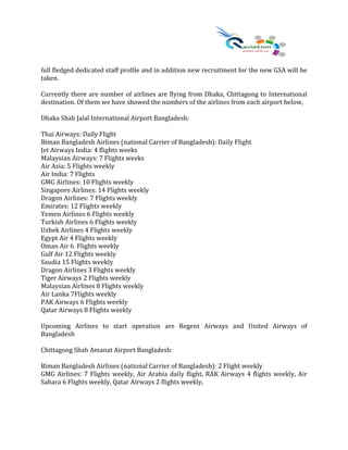 full fledged dedicated staff profile and in addition new recruitment for the new GSA will be
taken.
Currently there are number of airlines are flying from Dhaka, Chittagong to International
destination. Of them we have showed the numbers of the airlines from each airport below,
Dhaka Shah Jalal International Airport Bangladesh:
Thai Airways: Daily Flight
Biman Bangladesh Airlines (national Carrier of Bangladesh): Daily Flight
Jet Airways India: 4 flights weeks
Malaysian Airways: 7 Flights weeks
Air Asia: 5 Flights weekly
Air India: 7 Flights
GMG Airlines: 10 Flights weekly
Singapore Airlines: 14 Flights weekly
Dragon Airlines: 7 Flights weekly
Emirates: 12 Flights weekly
Yemen Airlines 6 Flights weekly
Turkish Airlines 6 Flights weekly
Uzbek Airlines 4 Flights weekly
Egypt Air 4 Flights weekly
Oman Air 6 Flights weekly
Gulf Air 12 Flights weekly
Saudia 15 Flights weekly
Dragon Airlines 3 Flights weekly
Tiger Airways 2 Flights weekly
Malaysian Airlines 8 Flights weekly
Air Lanka 7Flights weekly
PAK Airways 6 Flights weekly
Qatar Airways 8 Flights weekly
Upcoming Airlines to start operation are Regent Airways and United Airways of
Bangladesh
Chittagong Shah Amanat Airport Bangladesh:
Biman Bangladesh Airlines (national Carrier of Bangladesh): 2 Flight weekly
GMG Airlines: 7 Flights weekly, Air Arabia daily flight, RAK Airways 4 flights weekly, Air
Sahara 6 Flights weekly, Qatar Airways 2 flights weekly,
 