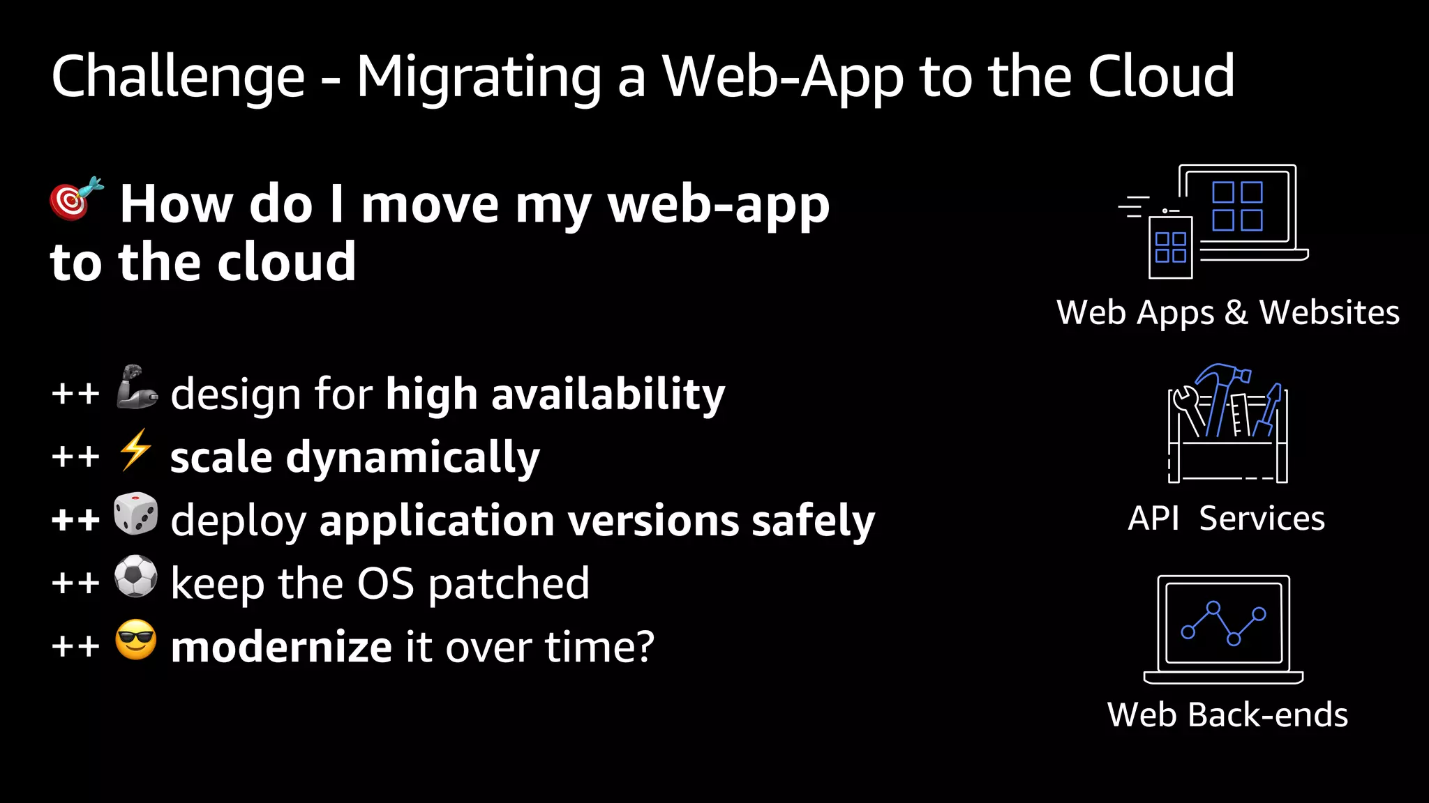 Challenge - Migrating a Web-App to the Cloud
🎯 How do I move my web-app
to the cloud
++ 🦾 design for high availability
++ ⚡ scale dynamically
++ 🎲 deploy application versions safely
++ ⚽ keep the OS patched
++ 😎 modernize it over time?
Web Back-ends
Web Apps & Websites
API Services
 