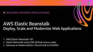 AWS Elastic Beanstalk
Deploy, Scale and Modernize Web Applications
1. AWS Elastic Beanstalk 101
2. Elastic Beanstalk using CDK (Github source code)
3. Gateway to Modernization: Shared ALB to ECS/EKS
🎯 BUILDING MODERN APPLICATIONS
 