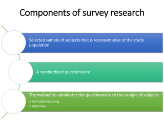 Components of survey research
Selected sample of subjects that is representative of the study
population
A standardized qu...