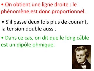 • On obtient une ligne droite : le
phénomène est donc proportionnel.
• Dans ce cas, on dit que le long câble
est un dipôle ohmique.
• S'il passe deux fois plus de courant,
la tension double aussi.
 