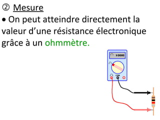  Mesure
 On peut atteindre directement la
valeur d’une résistance électronique
grâce à un ohmmètre.
 