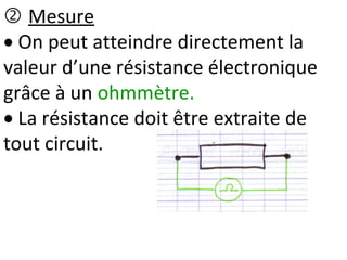  Mesure
 On peut atteindre directement la
valeur d’une résistance électronique
grâce à un ohmmètre.
 La résistance doit être extraite de
tout circuit.
 