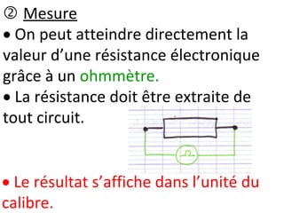  Mesure
 On peut atteindre directement la
valeur d’une résistance électronique
grâce à un ohmmètre.
 La résistance doit être extraite de
tout circuit.
 Le résultat s’affiche dans l’unité du
calibre.
 