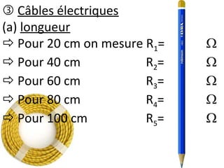  Câbles électriques
(a) longueur
 Pour 20 cm on mesure R1= 
 Pour 40 cm R2= 
 Pour 60 cm R3= 
 Pour 80 cm R4= 
 Pour 100 cm R5= 
 