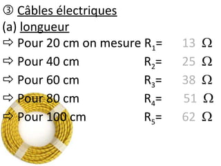  Câbles électriques
(a) longueur
 Pour 20 cm on mesure R1= 13 
 Pour 40 cm R2= 25 
 Pour 60 cm R3= 38 
 Pour 80 cm R4= 51 
 Pour 100 cm R5= 62 
 