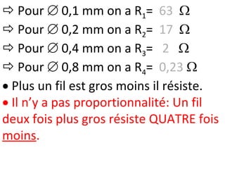  Pour  0,1 mm on a R1= 63 
 Pour  0,2 mm on a R2= 17 
 Pour  0,4 mm on a R3= 2 
 Pour  0,8 mm on a R4= 0,23 
 Plus un fil est gros moins il résiste.
 Il n’y a pas proportionnalité: Un fil
deux fois plus gros résiste QUATRE fois
moins.
 
