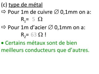 (c) type de métal
 Pour 1m de cuivre  0,1mm on a:
R1= 5 
 Pour 1m d’acier  0,1mm on a:
R2= 63  !
 Certains métaux sont de bien
meilleurs conducteurs que d’autres.
 