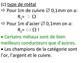 (c) type de métal
 Pour 1m de cuivre  0,1mm on a:
R1= 5 
 Pour 1m d’acier  0,1mm on a:
R2= 63  !
 Certains métaux sont de bien
meilleurs conducteurs que d’autres.
 Les champions de la catégorie sont
l’or, l’argent et le cuivre.
 