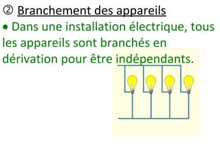  Branchement des appareils
 Dans une installation électrique, tous
les appareils sont branchés en
dérivation pour être indépendants.
 