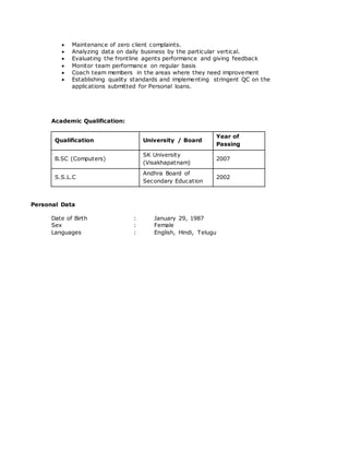  Maintenance of zero client complaints.
 Analyzing data on daily business by the particular vertical.
 Evaluating the frontline agents performance and giving feedback
 Monitor team performance on regular basis
 Coach team members in the areas where they need improvement
 Establishing quality standards and implementing stringent QC on the
applications submitted for Personal loans.
Academic Qualification:
Qualification University / Board
Year of
Passing
B.SC (Computers)
SK University
(Visakhapatnam)
2007
S.S.L.C
Andhra Board of
Secondary Education
2002
Personal Data
Date of Birth : January 29, 1987
Sex : Female
Languages : English, Hindi, Telugu
 