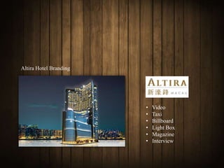 Altira Hotel Branding




                        •   Video
                        •   Taxi
                        •   Billboard
                        •   Light Box
                        •   Magazine
                        •   Interview
 