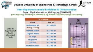 earners
Inter-department model Exhibition & Demonstration
Topic : Physical model on Well logging (DYNAMIC)
(Data Acquiring, processing of Gamma Ray log & Depth calculation through tool running)
Dawood University of Engineering & Technology, Karachi
THE LEARNERS
Name Seat No.
Muhammad Ali
(Group Leader)
D-13-PG-02
Waheeb Akhtar D-13-PG-17
Zaigham Abbas D-13-PG-24
M.Baqir D-13-PG-38
Tauqeer Ali D-13-PG-49
Asif Turi D-13-PG-53
Murtaza Hussain D-13-PG-54
Under the
Supervision of
Engr.Dr
Saleem Qadir
Tunio
 