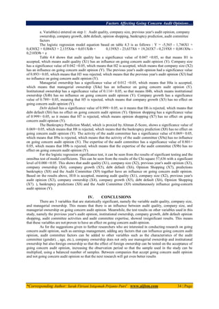 Factors Affecting Going Concern Audit Opinions…
*Corresponding Author: Sarah Fitriani Istiqomah Prijanto Putri1
www.aijbm.com 34 | Page
a. Variable(s) entered on step 1: Audit quality, company size, previous year's audit opinion, company
ownership, company growth, debt default, opinion shopping, bankruptcy prediction, audit committee
factors
The logistic regression model equation based on table 4.3 is as follows : Y = -5,565 - 1,746X1 +
0,438X2 + 0,084X3 + 2,135X4a + 0,031X4b + 0,139X5 - 23,637X6 + 19,263X7 - 0,219X8 + 0,081X9a -
0,210X9b + e
Table 4.4 shows that audit quality has a significance value of 0.047 <0.05, so that means H1 is
accepted, which means audit quality (X1) has an influence on going concern audit opinion (Y). Company size
has a significance value of 0.042 <0.05, which means that H2 is accepted, which means that company size (X2)
has an influence on going concern audit opinion (Y). The previous year's audit opinion had a significance value
of 0.893> 0.05, which means that H3 was rejected, which means that the previous year's audit opinion (X3) had
no influence on going concern audit opinion (Y).
Managerial ownership has a significance value of 0.012 <0.05, which means that H4a is accepted,
which means that managerial ownership (X4a) has an influence on going concern audit opinion (Y).
Institutional ownership has a significance value of 0.114> 0.05, so that means H4b, which means institutional
ownership (X4b) has no influence on going concern audit opinion (Y). Company growth has a significance
value of 0.789> 0.05, meaning that H5 is rejected, which means that company growth (X5) has no effect on
going concern audit opinion (Y).
Debt default has a significance value of 0.999> 0.05, so it means that H6 is rejected, which means that
debt default (X6) has no effect on going concern audit opinion (Y). Opinion shopping has a significance value
of 0.999> 0.05, so it means that H7 is rejected, which means opinion shopping (X7) has no effect on going
concern audit opinion (Y).
The Bankruptcy Prediction Model, which is proxied by Altman Z-Score, shows a significance value of
0.069> 0.05, which means that H8 is rejected, which means that the bankruptcy prediction (X8) has no effect on
going concern audit opinion (Y). The activity of the audit committee has a significance value of 0.069> 0.05,
which means that H9a is rejected, which means that the activity of the audit committee (X9a) has no influence
on going concern audit opinion (Y). The expertise of the audit committee has a significance value of 0.801>
0.05, which means that H9b is rejected, which means that the expertise of the audit committee (X9b) has no
effect on going concern audit opinion (Y).
For the logistic regression significance test, it can be seen from the results of significant testing and the
omnibus test of model coefficients. This can be seen from the results of the Chi-square 57,636 with a significant
level of 0.000 <0.05. This shows that audit quality (X1), company size (X2), previous year's audit opinion (X3),
company ownership (X4), company growth (X5), debt default (X6), Opinion Shopping (X7), predictions
bankruptcy (X8) and the Audit Committee (X9) together have an influence on going concern audit opinion.
Based on the results above, H10 is accepted, meaning audit quality (X1), company size (X2), previous year's
audit opinion (X3), company ownership (X4), company growth (X5), debt default (X6), Opinion Shopping
(X7). ), bankruptcy predictions (X8) and the Audit Committee (X9) simultaneously influence going-concern
audit opinion (Y).
IV. CONCLUSIONS
There are 3 variables that are statistically significant, namely the variable audit quality, company size,
and managerial ownership. This means that there is an influence between audit quality, company size, and
managerial ownership on going concern audit opinion. Meanwhile, the test results on other variables used in this
study, namely the previous year's audit opinion, institutional ownership, company growth, debt default opinion
shopping, audit committee activities and audit committee expertise, showed insignificant results. This means
that these variables are not proven to have an effect on going concern audit opinion.
As for the suggestions given to further researchers who are interested in conducting research on going
concern audit opinion, such as earnings management, adding any factors that can influence going concern audit
opinion, audit committee factors can be added to other variables such as the characteristics of the audit
committee (gender). , age, etc.), company ownership does not only use managerial ownership and institutional
ownership but also foreign ownership so that the effect of foreign ownership can be tested on the acceptance of
going concern audit opinion, increasing the observation period so that the sample used in the study can be
multiplied, using a balanced number of samples. Between companies that accept going concern audit opinion
and not going concern audit opinion so that the next research will get even better results
 