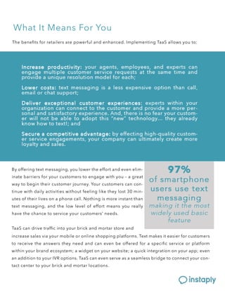 吀栀攀 戀攀渀攀ǻ琀猀 昀漀爀 爀攀琀愀椀氀攀爀猀 愀爀攀 瀀漀眀攀爀昀甀氀 愀渀搀 攀渀栀愀渀挀攀搀⸀ 䤀洀瀀氀攀洀攀渀琀椀渀最 吀愀愀匀 愀氀氀漀眀猀 礀漀甀 琀漀㨀 
圀栀愀琀 䤀琀 䴀攀愀渀猀 䘀漀爀 夀漀甀 
䈀礀 漀昀昀攀爀椀渀最 琀攀砀琀 洀攀猀猀愀最椀渀最Ⰰ 礀漀甀 氀漀眀攀爀 琀栀攀 攀昀昀漀爀琀 愀渀搀 攀瘀攀渀 攀氀椀洀ⴀ
椀渀愀琀攀 戀愀爀爀椀攀爀猀 昀漀爀 礀漀甀爀 挀甀猀琀漀洀攀爀猀 琀漀 攀渀最愀最攀 眀椀琀栀 礀漀甀 ጠ 愀 最爀攀愀琀 
眀愀礀 琀漀 戀攀最椀渀 琀栀攀椀爀 挀甀猀琀漀洀攀爀 樀漀甀爀渀攀礀⸀ 夀漀甀爀 挀甀猀琀漀洀攀爀猀 挀愀渀 挀漀渀ⴀ
琀椀渀甀攀 眀椀琀栀 搀愀椀氀礀 愀挀琀椀瘀椀琀椀攀猀 眀椀琀栀漀甀琀 昀攀攀氀椀渀最 氀椀欀攀 琀栀攀礀 氀漀猀琀 ㌀　 洀椀渀ⴀ
甀琀攀猀 漀昀 琀栀攀椀爀 氀椀瘀攀猀 漀渀 愀 瀀栀漀渀攀 挀愀氀氀⸀ 一漀琀栀椀渀最 椀猀 洀漀爀攀 椀渀猀琀愀渀琀 琀栀愀渀 
琀攀砀琀 洀攀猀猀愀最椀渀最Ⰰ 愀渀搀 琀栀攀 氀漀眀 氀攀瘀攀氀 漀昀 攀昀昀漀爀琀 洀攀愀渀猀 礀漀甀 爀攀愀氀氀礀 
栀愀瘀攀 琀栀攀 挀栀愀渀挀攀 琀漀 猀攀爀瘀椀挀攀 礀漀甀爀 挀甀猀琀漀洀攀爀猀ᤠ 渀攀攀搀猀⸀ 
吀愀愀匀 挀愀渀 搀爀椀瘀攀 琀爀愀昀ǻ挀 椀渀琀漀 礀漀甀爀 戀爀椀挀欀 愀渀搀 洀漀爀琀愀爀 猀琀漀爀攀 愀渀搀 
椀渀挀爀攀愀猀攀 猀愀氀攀猀 瘀椀愀 礀漀甀爀 洀漀戀椀氀攀 漀爀 漀渀氀椀渀攀 猀栀漀瀀瀀椀渀最 瀀氀愀琀昀漀爀洀猀⸀ 吀攀砀琀 洀愀欀攀猀 椀琀 攀愀猀椀攀爀 昀漀爀 挀甀猀琀漀洀攀爀猀 
琀漀 爀攀挀攀椀瘀攀 琀栀攀 愀渀猀眀攀爀猀 琀栀攀礀 渀攀攀搀 愀渀搀 挀愀渀 攀瘀攀渀 戀攀 漀昀昀攀爀攀搀 昀漀爀 愀 猀瀀攀挀椀ǻ挀 猀攀爀瘀椀挀攀 漀爀 瀀氀愀琀昀漀爀洀 
眀椀琀栀椀渀 礀漀甀爀 戀爀愀渀搀 攀挀漀猀礀猀琀攀洀㬀 愀 眀椀搀最攀琀 漀渀 礀漀甀爀 眀攀戀猀椀琀攀㬀 愀 焀甀椀挀欀 椀渀琀攀最爀愀琀椀漀渀 漀渀 礀漀甀爀 愀瀀瀀㬀 攀瘀攀渀 
愀渀 愀搀搀椀琀椀漀渀 琀漀 礀漀甀爀 䤀嘀刀 漀瀀琀椀漀渀猀⸀ 吀愀愀匀 挀愀渀 攀瘀攀渀 猀攀爀瘀攀 愀猀 愀 猀攀愀洀氀攀猀猀 戀爀椀搀最攀 琀漀 挀漀渀渀攀挀琀 礀漀甀爀 挀漀渀ⴀ
琀愀挀琀 挀攀渀琀攀爀 琀漀 礀漀甀爀 戀爀椀挀欀 愀渀搀 洀漀爀琀愀爀 氀漀挀愀琀椀漀渀猀⸀ 
 