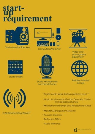 Studio Monitor Speakers
Computers (Mac Pro)
Video and
photography
Equipment
Studio Microphones
and Headphones
Reliable Internet
access
CAK Broadcasting Waves
Studio Mixer
B E H R I N G E R
Studio Mixers
*
*
start-up
requirement
* Digital Audio Work Stations (Ableton Live)
ti T A L A N T A I N I T I A T I V E
ti T A L A N T A I N I T I A T I V E
* Audio Interface
* Acoustic Treatment
* Reflection Filters
* Musical Instruments (Guitars, Drum kits, Violins
Trumpets/saxophones)
* Microphone Preamps and Headphone Amps
* Monitor Management Systems
 