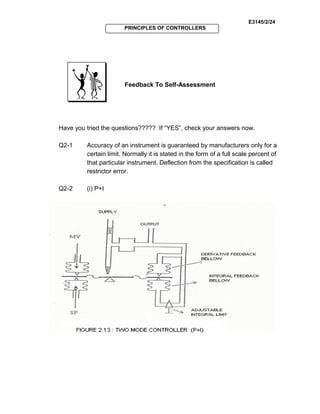 E3145/2/24
PRINCIPLES OF CONTROLLERS
Feedback To Self-Assessment
Have you tried the questions????? If “YES”, check your answers now.
Q2-1 Accuracy of an instrument is guaranteed by manufacturers only for a
certain limit. Normally it is stated in the form of a full scale percent of
that particular instrument. Deflection from the specification is called
restrictor error.
Q2-2 (i) P+I
 
