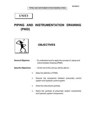 E3145/3/1
PIPING AND INSTRUMENTATION DRAWING (PNID)
PIPING AND INSTRUMENTATION DRAWING
(PNID)
OBJECTIVES
General Objective : To understand and to apply the concept of piping and
instrumentation drawing (PNID).
Specific Objectives : At the end of the unit you will be able to :
 State the definition of PNID.
 Discuss the comparison between pneumatic control
system and hydraulic control system.
 Draw the instruments symbols.
 Name the symbols of pneumatic system components
and hydraulic system components.
UNIT3
 