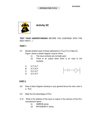 E3145/5/25
INTRODUCTION TO PLC
Activity 5C
TEST YOUR UNDERSTANDING BEFORE YOU CONTINUE WITH THE
NEXT INPUT…!
PART 1
5.7 Decide whether each of these statements is True (T) or False (F).
Figure shows a ladder diagram rung for which:
(i) The input contacts are normally open
(ii) There is an output when there is an input to the
contacts
A (i) T (ii) T
B (i) T (ii) F
C (i) F (ii) T
D (i) F (ii) T
PART 2
5.8 Draw a block diagram showing in very general terms the main units in
a PLC.
5.9 State five (5) advantages of PLC.
5.10 What is the address of the input or output in the memory of the PLC
manufacturer below :
(i) OMRON series
(ii) MITSUBISHI F series
 