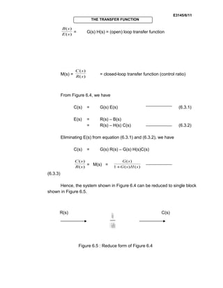 E3145/6/11
THE TRANSFER FUNCTION
)(
)(
sE
sB
= G(s) H(s) = (open) loop transfer function
M(s) =
)(
)(
sR
sC
= closed-loop transfer function (control ratio)
From Figure 6.4, we have
C(s) = G(s) E(s) (6.3.1)
E(s) = R(s) – B(s)
= R(s) – H(s) C(s) (6.3.2)
Eliminating E(s) from equation (6.3.1) and (6.3.2), we have
C(s) = G(s) R(s) – G(s) H(s)C(s)
)(
)(
sR
sC
= M(s) =
)()(1
)(
sHsG
sG
+
(6.3.3)
Hence, the system shown in Figure 6.4 can be reduced to single block
shown in Figure 6.5.
Figure 6.5 : Reduce form of Figure 6.4
)()(1
)(
sHsG
sG
+
R(s) C(s)
 