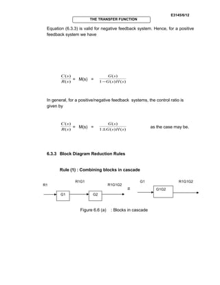 E3145/6/12
THE TRANSFER FUNCTION
Equation (6.3.3) is valid for negative feedback system. Hence, for a positive
feedback system we have
)(
)(
sR
sC
= M(s) =
)()(1
)(
sHsG
sG
−
In general, for a positive/negative feedback systems, the control ratio is
given by
)(
)(
sR
sC
= M(s) =
)()(1
)(
sHsG
sG
±
as the case may be.
6.3.3 Block Diagram Reduction Rules
Rule (1) : Combining blocks in cascade
≡
Figure 6.6 (a) : Blocks in cascade
G1 G2
R1
R1G1
R1G1G2
G1G2
G1 R1G1G2
 