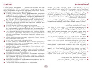 15
( Edarah Facility Management Co ) adopts many strategic objectives
associated with the field of marketing and managing property, real-
estate development and developing investment opportunities to many
real-estate developers and among its objectives
ÃÃ To be the leading company in Saudi real-estate market in providing
integrated real-estate services in the field of real-estate marketing,
assessment, property management, economic and real-estate stud-
ies and providing advice tour customers along with our adherence
with principles, ethics of profession and business professionalism.
ÃÃ To be reliable reference and source for real-estate market of our in-
vesting and developing customers and to all those concerned with
real-estate in the kingdom.
ÃÃ Persistent attempt to maintain the position of prestige.
ÃÃ To enhance the trust and to strengthen the relations with our part-
ners, customers and to keep in close contact with success partners to
inform them about the developments of our business and projects.
ÃÃ 9 To achieve high rates in real-estate investment proceeds, develop-
ing investment opportunities to the capital holders, investment and
to provide successful and distinguished investment and real-estate
opportunities.
ÃÃ To know customers› requirements and interests, in effort to progress
to the level of their expectations.
ÃÃ To fulfill local market needs and requirements.
ÃÃ To review and analyze the methods of our customers› performance
continuously and to create the ensuring means to achieve them in
distinguished and fully considered way.
ÃÃ To perform leading role and adopting a new vision to the real-estate
market in Saudi Arabia.
ÃÃ To add noticeable vision for using latest and modern techniques for
real-estate management, marketing and assessment as currently
followed in Management (Edarah) Company.
ÃÃ Abidance by international measurements and standards in providing
real-estate services particularly real-estate assessment and evalua-
tion in a manner that enhances conformity, speed and efficiency of
real-estate services development.
ÃÃ Developing and supporting real-estate industry locally and with in-
ternational aspiration.
ÃÃ Contribution in creating sound real-estate environment.
‫االهداف‬ ‫من‬ ‫العديد‬ ) ‫المتكاملة‬ ‫والمرافق‬ ‫األمالك‬ ‫إدارة‬ ‫شركة‬ ( ‫تتبنى‬
‫وتنمية‬ ‫العقارات‬ ‫وتطوير‬ ‫المرافق‬ ‫وادارة‬ ‫تسويق‬ ‫بمجال‬ ‫المرتبطة‬ ‫االستراتيجية‬
: ‫اهدافنا‬ ‫ومن‬ ‫المطورين‬ ‫من‬ ‫لكثير‬ ‫االستثمارية‬ ‫الفرص‬
ÃÃ‫العقارية‬ ‫الخدمات‬ ‫تقديم‬ ‫في‬ ‫العقار‬ ‫سوق‬ ‫في‬ ‫الرائدة‬ ‫الشركة‬ ‫نكون‬ ‫ان‬
‫والدراسات‬ ‫المرافق‬ ‫وادارة‬ ‫والتقييم‬ ‫العقاري‬ ‫التسويق‬ ‫مجال‬ ‫في‬ ‫المتكاملة‬
‫و‬ ٔ‫بمبادي‬ ‫تمسكنا‬ ‫مع‬ ‫لعمالئنا‬ ‫المشورة‬ ‫وتقديم‬ ‫والعقارية‬ ‫االقتصادية‬
. ‫العمل‬ ‫واحترافية‬ ‫المهنة‬ ‫خالقيات‬ٔ‫ا‬
ÃÃ‫المستثمرين‬ ‫عمالئنا‬ ‫لدى‬ ‫العقاري‬ ‫للسوق‬ ‫موثوقا‬ ‫ومصدرا‬ ‫مرجعا‬ ‫نكون‬ ‫ان‬
‫السعودية‬ ‫العربية‬ ‫بالمملكة‬ ‫العقاري‬ ‫بالشأن‬ ‫المهتمين‬ ‫ولجميع‬ ‫المطورين‬ ‫و‬
.
ÃÃ. ‫الصدارة‬ ‫على‬ ‫للمحافظة‬ ‫الدائم‬ ‫السعي‬
ÃÃ‫وثيق‬ ‫تصال‬ٕ‫ا‬ ‫على‬ ‫والبقاء‬ ‫وعمالئنا‬ ‫شركائنا‬ ‫مع‬ ‫الروابط‬ ‫وتقوية‬ ‫الثقة‬ ‫تعزيز‬
.‫بأول‬ ً‫أوال‬ ‫ومشاريعنا‬ ‫اعمالنا‬ ‫تطورات‬ ‫على‬ ‫الطالعهم‬ ‫النجاح‬ ‫بشركاء‬
ÃÃ‫الفرص‬ ‫وتنمية‬ ‫العقارية‬ ‫االستثمارات‬ ‫عوائد‬ ‫من‬ ‫مرتفعه‬ ‫معدالت‬ ‫تحقيق‬
‫عقاريةناجحة‬ ‫استثمارية‬ ‫فرص‬ ‫وتوفير‬ ‫واإلستثمار‬ ‫المال‬ ‫ألصحاب‬ ‫اإلستثمارية‬
.‫ومميزة‬
ÃÃ‫مستوى‬ ‫الى‬ ‫لالرتقاء‬ ‫منا‬ ‫سعيا‬ ‫ورغباتهم‬ ‫العمالء‬ ‫متطلبات‬ ‫على‬ ‫التعرف‬
. ‫المحلي‬ ‫السوق‬ ‫ومتطلبات‬ ‫احتياجات‬ ‫تحقيق‬ ‫تطلعاتهم‬
ÃÃ‫الكفيلة‬ ‫السبل‬ ‫يجاد‬ٕ‫وا‬ ‫مستمرة‬ ‫بصفة‬ ‫اعمالنا‬ ‫اداء‬ ‫طريقة‬ ‫وتحليل‬ ‫مراجعة‬
. ‫ومدروس‬ ‫مميز‬ ‫بشكل‬ ‫النجازها‬
ÃÃ‫العربية‬ ‫بالمملكة‬ ‫العقاري‬ ‫للسوق‬ ‫جديدة‬ ‫ية‬ ٔ‫رو‬ ‫وتبني‬ ‫قيادي‬ ‫بدور‬ ‫القيام‬
. ‫السعودية‬
ÃÃ‫وتسويق‬ ‫إدارة‬ ‫الحديثة‬ ‫االساليب‬ ‫احدث‬ ‫باستخدام‬ ‫متميزة‬ ‫ية‬ ٔ‫رو‬ ‫اضافة‬
.ً‫حاليا‬ ‫إدارة‬ ‫بشركة‬ ‫متبع‬ ‫هو‬ ‫كما‬ ‫عقاري‬ ‫وتقيم‬
ÃÃً‫خصوصا‬ ‫العقارية‬ ‫الخدمات‬ ‫تقديم‬ ‫في‬ ‫العالمية‬ ‫والمعايير‬ ‫بالمقاييس‬ ‫االلتزام‬
‫الخدمات‬ ‫تطوير‬ ‫وكفاة‬ ‫تجانس‬ ‫يعزز‬ ‫بشكل‬ ‫العقاري‬ ‫اوالتثمين‬ ‫التقيم‬
. ‫العقارية‬
ÃÃ. ‫عالمي‬ ‫بطموح‬ ‫محليا‬ ‫العقار‬ ‫صناعة‬ ‫ودعم‬ ‫تطوير‬
ÃÃ. ‫العقار‬ ‫مجال‬ ‫في‬ ‫سليمة‬ ‫عمل‬ ‫بيئة‬ ‫خلق‬ ‫في‬ ‫المساهمة‬
‫اإلستراتيجية‬ ‫أهدفنا‬Our Goals
 