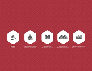 ‫والمرافق‬ ‫الممتلكات‬ ‫إدارة‬
Property & facility Management
‫السكنية‬ ‫الخدمات‬
Resedentional Services
‫التجارية‬ ‫الخدمات‬
Commercial Services
‫العقاري‬ ‫والتثمين‬ ‫التقييم‬
Appraisal & Evaluation
‫المزادات‬
Auctions
 