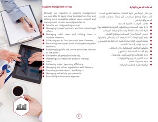 19
Through our expertise in property management
we were able to apply more developed services and
setting more innovative policies where support and
management services were represented in:
ÃÃ Security and civil guarding services.
ÃÃ Managing Lessees' contracts and their related legal
affairs.
ÃÃ Managing public areas and utilizing them to
increase revenues.
ÃÃ Collecting rentals from Lessee in favor of owners. 0
ÃÃ Re-leasing unoccupied units after supervising their
readiness.
ÃÃ Following up public and private authorities relevant
to the project.
ÃÃ Settlement of general services bills.
ÃÃ Operating costs reduction and risks manage­
ÃÃ ment.
ÃÃ Increasing project operating efficiency.
ÃÃ Managing and enhancing relations with Lessees.
ÃÃ Preparing periodic reports and budgets.
ÃÃ Managing real-estate procurements.
ÃÃ Controlling maintenance expenses.
‫خدمات‬ ‫تطبيق‬ ‫إستطعنا‬ ‫األمالك‬ ‫إدارة‬ ‫في‬ ‫خبرتنا‬ ‫خالل‬ ‫من‬
‫خدمات‬ ‫وتمثلت‬ ‫ا‬ً‫إبتكار‬ ‫أكثر‬ ‫سياسات‬ ‫ووضع‬ ‫ا‬ ً‫تطور‬ ‫أكثر‬
: ‫في‬ ‫واإلدارة‬ ‫الدعم‬
ÃÃ.‫المدنية‬ ‫األمنية‬ ‫الحراسات‬ ‫خدمات‬
ÃÃ. ‫بها‬ ‫المتعلقة‬ ‫القانونية‬ ‫والشؤون‬ ‫المستأجرين‬ ‫عقود‬ ‫إدارة‬
ÃÃ. ‫اإليرادات‬ ‫لزيادة‬ ‫وإستغاللها‬ ‫العامة‬ ‫المساحات‬ ‫إدارة‬
ÃÃ.‫المالك‬ ‫لصالح‬ ‫المستأجرين‬ ‫من‬ ‫اإليجارات‬ ‫تحصيل‬
ÃÃ. ‫جاهزيتها‬ ‫على‬ ‫اإلشراف‬ ‫بعد‬ ‫الشاغرة‬ ‫الوحدات‬ ‫تأجير‬ ‫إعادة‬
ÃÃ. ‫بالمشروع‬ ‫العالقة‬ ‫ذات‬ ‫واألهلية‬ ‫الحكومية‬ ‫الجهات‬ ‫متابعة‬
ÃÃ. ‫العامة‬ ‫الخدمات‬ ‫فواتير‬ ‫تسديد‬
ÃÃ. ‫المخاطر‬ ‫وإدارة‬ ‫التشغيلية‬ ‫التكاليف‬ ‫تخفيض‬
ÃÃ. ‫للمشروع‬ ‫التشغيلية‬ ‫الكفاءة‬ ‫رفع‬
ÃÃ. ‫وتعزيزها‬ ‫المستأجرين‬ ‫مع‬ ‫العالقات‬ ‫إدارة‬
ÃÃ. ‫والميزانيات‬ ‫الدورية‬ ‫التقارير‬ ‫إعداد‬
ÃÃ. ‫العقار‬ ‫مشتريات‬ ‫ادارة‬
ÃÃ. ‫الصيانة‬ ‫مصاريف‬ ‫وضبط‬ ‫مراقبة‬
‫واإلدارة‬ ‫الدعم‬ ‫خدمات‬Support & Management Services
 