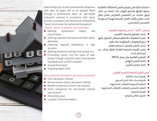 31
Edarah helps you to price and evaluate properties
with their all types and to all relevant fields
through a professional team of real-estate
Evaluators working in accordance with latest
business standards and mechanisms followed by
"Saudi Commission for Authorized Evaluators”.
“Edarah” adopts evaluation rules and steps:
ÃÃ Defining assessment subject and
classification.
ÃÃ Defining required information and their obtain­
able place.
ÃÃ Collecting required information in high
accuracy.
ÃÃ Defining maximum and best real-estate use.
ÃÃ Estimating correct and fair value of real-
estate Through using the latest international
standards such as RICS standard.
ÃÃ Issuing final report.
ÃÃ Preparing report brief.
Somemethodsfollowedforreal-estateevaluation
ÃÃ Cost calculation method.
ÃÃ Annual income return calculation method.
ÃÃ Market comparison (similar real-estates).
ÃÃ Direct comparison for real-estates (similar
real-estates).
ÃÃ Remaining value.
ÃÃ Location’s financial analysis.
‫العقارية‬ ‫الممتلكات‬ ‫وتثمين‬ ‫تقييم‬ ‫علي‬ ‫إدارة‬ ‫تساعدك‬
‫خالل‬ ‫من‬ ‫الصلة‬ ‫ذات‬ ‫الجهات‬ ‫ولجميع‬ ‫انواعها‬ ‫بجميع‬
‫وفق‬ ‫يعمل‬ ‫العقاريين‬ ‫المقيمين‬ ‫من‬ ‫محترف‬ ‫فريق‬
‫السعودية‬ ‫للهيئة‬ ‫المتبعة‬ ‫العمل‬ ‫وآليات‬ ‫معايير‬ ‫احدث‬
.‫المعتمدين‬ ‫للمقيمين‬
: ‫للتقييم‬ ‫وخطوات‬ ‫اسس‬ ” ‫“ادارة‬ ‫وتتبنى‬
ÃÃ. ‫التقييم‬ ‫وتصنيف‬ ‫موضوع‬ ‫تحديد‬
ÃÃ‫عليها‬ ‫الحصول‬ ‫ومكان‬ ‫المطلوبة‬ ‫المعلومات‬ ‫تحديد‬
ÃÃ. ‫عالية‬ ‫بدقة‬ ‫المطلوبة‬ ‫المعلومات‬ ‫جمع‬
ÃÃ. ‫للعقار‬ ‫استخدام‬ ‫وأفضل‬ ‫أقصى‬ ‫تحديد‬
ÃÃ‫عبر‬ ‫وذلك‬ ‫للعقار‬ ‫العادلة‬ ‫الصحيحة‬ ‫القيمة‬ ‫تقدير‬
‫أحدث‬ ‫إستخدام‬
ÃÃ)RICS( ‫معيار‬ ‫مثل‬ ‫العالمية‬ ‫المعايير‬
ÃÃ‫النهائي‬ ‫التقرير‬ ‫اصدار‬
ÃÃ. ‫للتقرير‬ ‫ملخص‬ ‫اعداد‬
: ‫العقاري‬ ‫للتقييم‬ ‫المتبعة‬ ‫الطرق‬ ‫بعض‬
ÃÃ‫التكلفة‬ ‫حساب‬ ‫طريقة‬
ÃÃ‫السنوي‬ ‫الدخل‬ ‫عائد‬ ‫حساب‬ ‫طريقة‬
ÃÃ) ‫المتشابهة‬ ‫(العقارات‬ ‫السوقية‬ ‫المقارنة‬
ÃÃ) ‫المتشابهة‬ ‫(العقارات‬ ‫للعقارات‬ ‫المباشرة‬ ‫المقارنة‬
ÃÃ‫المتبقية‬ ‫القيمة‬
ÃÃ‫للموقع‬ ‫المالي‬ ‫التحليل‬
 