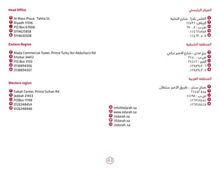 43
‫الرئيسي‬ ‫المركز‬
ÃÃ‫التحلية‬ ‫شارع‬ ، ‫بالزا‬ ‫الماس‬
ÃÃ11596 :‫الرياض‬
ÃÃ67008 : ‫ص.ب‬
ÃÃ0114625858
ÃÃ0114630508
‫الشرقية‬ ‫المنطقة‬
ÃÃ‫تركي‬ ‫االمير‬ ‫شارع‬ ، ‫مدى‬ ‫برج‬
ÃÃ3150 : ‫ص.ب‬
ÃÃ34412 : ‫الخبر‬
ÃÃ0138894306
ÃÃ0138894307
‫الغربية‬ ‫المنطقة‬
ÃÃ‫سلطان‬ ‫األمير‬ ‫طريق‬ ، ‫سنتر‬ ‫صباح‬
ÃÃ21453 ‫جدة‬
ÃÃ11198 : ‫ص.ب‬
ÃÃ0126348454
ÃÃ0126348448
Head Office
ÃÃAl Mass Plaza, Tahlia St.
ÃÃRiyadh 11596
ÃÃP.O.Box 67008
ÃÃ0114625858
ÃÃ0114630508
Eastern Region
ÃÃMada Commercial Tower, Prince Turky Ibn Abdullaziz Rd
ÃÃKhobar 34412
ÃÃP.O.Box 3150
ÃÃ0138894306
ÃÃ0138894307
Western region
ÃÃSabah Center, Prince Sultan Rd
ÃÃJeddah 21453
ÃÃP.OBox 11198
ÃÃ0126348454
ÃÃ0126348448 ÃÃinfo@edarah.sa
ÃÃwww.edarah.sa
ÃÃ/edarah.sa
ÃÃ/Edarah.sa
ÃÃ/edarah_sa
 