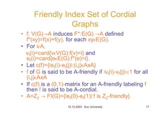 10.12.2003 Koc University 17
Friendly Index Set of Cordial
Graphs
• f: V(G)TA induces F*:E(G) TA defined
f*(xy)=f(x)+f(y), for each xyeE(G).
• For ieA,
vf(i)=card{veV(G):f(v)=i} and
ef(i)=card{eeE(G):f*(e)=i}.
• Let c(f)={6ef(i)-ef(j)6:(i,j)eAxA}
• f of G is said to be A-friendly if 6vf(i)-vf(j)6b1 for all
(i,j)eAxA
• If c(f) is a (0,1)-matrix for an A-friendly labeling f
then f is said to be A-cordial.
• A=Z2 T FI(G)={6ef(0)-ef(1)6:f is Z2-friendly}
 