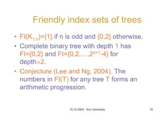 10.12.2003 Koc University 18
Friendly index sets of trees
• FI(K1,n)={1} if n is odd and {0,2} otherwise.
• Complete binary tree with depth 1 has
FI={0,2} and FI={0,2,…,2d+1-4} for
depthr2.
• Conjecture (Lee and Ng, 2004). The
numbers in FI(T) for any tree T forms an
arithmetic progression.
 