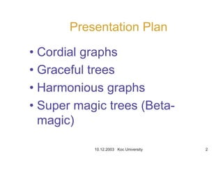 10.12.2003 Koc University 2
Presentation Plan
• Cordial graphs
• Graceful trees
• Harmonious graphs
• Super magic trees (Beta-
magic)
 