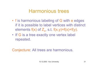 10.12.2003 Koc University 31
Harmonious trees
• f is harmonious labeling of G with e edges
if it is possible to label vertices with distinct
elements f(x) of Ze, s.t. f(x,y)=f(x)+f(y).
• If G is a tree exactly one vertex label
repeated.
Conjecture: All trees are harmonious.
 