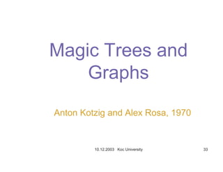 10.12.2003 Koc University 33
Magic Trees and
Graphs
Anton Kotzig and Alex Rosa, 1970
 