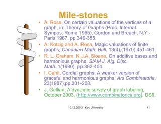 10.12.2003 Koc University 41
Mile-stones
• A. Rosa, On certain valuations of the vertices of a
graph, in: Theory of Graphs (Proc. Internat.
Sympos. Rome 1965), Gordon and Breach, N.Y.-
Paris 1967, pp.349-355.
• A. Kotzig and A. Rosa, Magic valuations of finite
graphs, Canadian Math. Bull.,13(4),(1970),451-461.
• R. L. Graham, N.J.A. Sloane, On additive bases and
harmonious graphs, SIAM J. Alg. Disc.
Math.,1(1980), pp.382-404.
• I. Cahit, Cordial graphs: A weaker version of
graceful and harmonious graphs, Ars Combinatoria,
23(1987),pp.201-208.
• J. Gallian, A dynamic survey of graph labeling,
October 2003, (http://www.combinatorics.org), DS6.
 