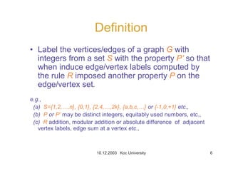 10.12.2003 Koc University 6
Definition
• Label the vertices/edges of a graph G with
integers from a set S with the property P’ so that
when induce edge/vertex labels computed by
the rule R imposed another property P on the
edge/vertex set.
e.g.,
(a) S={1,2,…,n}, {0,1}, {2,4,…,2k}, {a,b,c,…} or {-1,0,+1} etc.,
(b) P or P’ may be distinct integers, equitably used numbers, etc.,
(c) R addition, modular addition or absolute difference of adjacent
vertex labels, edge sum at a vertex etc.,
 