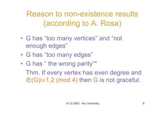 10.12.2003 Koc University 8
Reason to non-existence results
(according to A. Rosa)
• G has “too many vertices” and “not
enough edges”
• G has “too many edges”
• G has “ the wrong parity”*
Thm. If every vertex has even degree and
6E(G)6ª1,2 (mod 4) then G is not graceful.
 