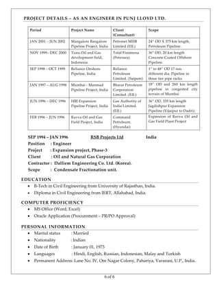 6 of 6
PROJECT DETAILS – AS AN ENGINEER IN PUNJ LLOYD LTD. 
  Period  Project Name  Client 
(Consultant) 
Scope 
JAN 2001 – JUN 2002 Mangalore Bangalore 
Pipeline Project, India
Petronet MHB 
Limited (EIL)
24” OD X 375 km length, 
Petroleum Pipeline.
NOV 1999– DEC 2000    Tunu Oil and Gas 
development field, 
Indonesia.
Total Finamena 
(Petrosea)
36” OD, 20 km length 
Concrete Coated Offshore 
Pipeline. 
SEP 1998 – OCT 1999     Reliance Onshore 
Pipeline, India 
Reliance 
Petroleum 
Limited. (Saipem) 
1” to 48” OD 17 nos. 
different dia. Pipeline in 
three tier pipe racks. 
JAN 1997 – AUG 1998    Mumbai ‐ Manmad 
Pipeline Project, India 
Bharat Petroleum 
Corporation 
Limited. (EIL) 
18”  OD  and  260  km  length 
pipeline  in  congested  city 
terrain of Mumbai 
JUN 1996 – DEC 1996    HBJ Expansion 
Pipeline Project, India 
Gas Authority of 
India Limited. 
(EIL) 
36” OD, 335 km length 
Jagdishpur Expansion 
Pipeline (Vijaipur to Dadri). 
FEB 1996 – JUN 1996      Ravva Oil and Gas 
Field Project, India 
Command 
Petroleum. 
(Hyundai) 
Expansion  of  Ravva  Oil  and 
Gas Field Plant Project  
 
 
SEP 1994 – JAN 1996                     RSB Projects Ltd                     India 
Position     : Engineer 
Project       : Expansion project, Phase‐3 
Client         : Oil and Natural Gas Corporation 
Contractor :  Dalliem Engineering Co. Ltd. (Korea). 
Scope         :  Condensate Fractionation unit. 
EDUCATION 
 B‐Tech in Civil Engineering from University of Rajasthan, India.                                         
 Diploma in Civil Engineering from IERT, Allahabad, India. 
COMPUTER PROFICIENCY 
 MS Office (Word, Excel) 
 Oracle Application (Procurement – PR/PO Approval)      
PERSONAL INFORMATION 
 Marital status          : Married 
 Nationality              : Indian 
 Date of Birth            : January 01, 1973 
 Languages             : Hindi, English, Russian, Indonesian, Malay and Turkish 
 Permanent Address: Lane No. IV, Om Nagar Colony, Pahariya, Varanasi, U.P., India.  
 
 