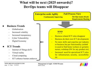 Management of Agile / SCRUM teams
Draft version
WWW.IRP-MANAGEMENT.COM
page: ‹#› Date: 24-6-2016
What will be next (2025 onwards)?
DevOps teams will Disappear
Enterprise-scale Agility
Continuously Improving
Full Process View
DevOps teams (fixed)
Requirements floating
 Business Trends
– Globalisation
– Increased volatility
– Increased transparency
– Cyber Vulnerability
– Digital Economy
 ICT Trends
– Internet of Things (IoT)
– Virtual reality
– Cloud computing
– ICT enhance human endeavor
– Business related ICT roles disappear
– Business do their own ICT developments
based on standardised application
development platforms and tools
– IT processing and system maintenance
will be fully serviced (no internal IT
skills needed anymore) SaaS, PaaS etc
– No more skills and expertise per industry
or business but per main functionality
(airbnb re-used to find home workers or
geriatric nurses, webshop SW for any
product / services etc)
“Every ICT performance
improvement for the last
decades never lasted more
than 6-9 years, so what will be next?”
?????
 