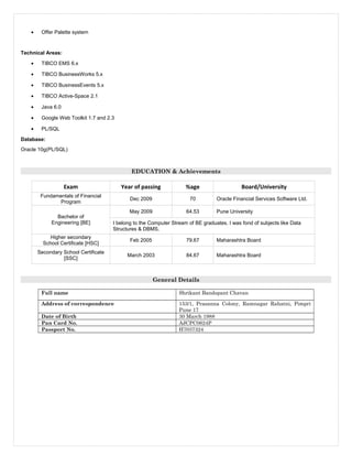 • Offer Palette system
Technical Areas:
• TIBCO EMS 6.x
• TIBCO BusinessWorks 5.x
• TIBCO BusinessEvents 5.x
• TIBCO Active-Space 2.1
• Java 6.0
• Google Web Toolkit 1.7 and 2.3
• PL/SQL
Database:
Oracle 10g(PL/SQL)
EDUCATION & Achievements
Exam Year of passing %age Board/University
Fundamentals of Financial
Program
Dec 2009 70 Oracle Financial Services Software Ltd.
Bachelor of
Engineering [BE]
May 2009 64.53 Pune University
I belong to the Computer Stream of BE graduates. I was fond of subjects like Data
Structures & DBMS.
Higher secondary
School Certificate [HSC]
Feb 2005 79.67 Maharashtra Board
Secondary School Certificate
[SSC]
March 2003 84.67 Maharashtra Board
General Details
Full name Shrikant Bandopant Chavan
Address of correspondence 153/1, Prasanna Colony, Ramnagar Rahatni, Pimpri
Pune 17
Date of Birth 30 March 1988
Pan Card No. AJCPC0624P
Passport No. H7037324
 