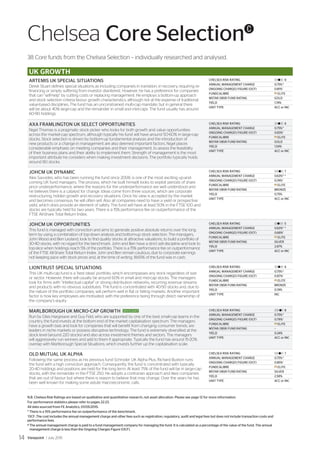 UK GROWTH
ARTEMIS UK SPECIAL SITUATIONS
Derek Stuart defines special situations as including companies in transition, in recovery, requiring re-
financing or simply suffering from investor disinterest. However, he has a preference for companies
that can “self-help” by cutting costs or replacing management. He employs a bottom-up approach
and stock selection criteria favour growth characteristics, although not at the expense of traditional
value-based disciplines. The fund has an unconstrained multi-cap mandate, but in general there
will be about 40% large-cap and the remainder in small and mid-caps. The fund usually has around
60-90 holdings.
CHELSEA RISK RATING	 |||||l|||| 6
ANNUAL MANAGEMENT CHARGE	 0.75%#
ONGOING CHARGES FIGURE (OCF)	 0.81%†
FUNDCALIBRE	 e ELITE
MSTAR OBSR FUND RATING	 GOLD
YIELD	1.74%
UNIT TYPE	 ACC or INC
AXA FRAMLINGTON UK SELECT OPPORTUNITIES
Nigel Thomas is a pragmatic stock picker who looks for both growth and value opportunities
across the market-cap spectrum, although typically his fund will have around 50-60% in large-cap
stocks. Stock selection is driven by bottom-up fundamental analysis and the introduction of
new products or a change in management are also deemed important factors. Nigel places
considerable emphasis on meeting companies and their management, to assess the feasibility
of their business plans and their ability to implement them. Strength of management is the most
important attribute he considers when making investment decisions. The portfolio typically holds
around 80 stocks.
CHELSEA RISK RATING	 |||||l|||| 6
ANNUAL MANAGEMENT CHARGE	 0.75%#
ONGOING CHARGES FIGURE (OCF)	 0.83%†
FUNDCALIBRE	 e ELITE
MSTAR OBSR FUND RATING	 GOLD
YIELD	1.54%
UNIT TYPE	 ACC or INC
JOHCM UK DYNAMIC
Alex Savvides, who has been running the fund since 2008, is one of the most exciting up-and-
coming UK fund managers. The process, which he built himself, looks to exploit periods of share
price underperformance, where the reasons for the underperformance are well understood and
he believes there is a catalyst for change. Ideas come from three sources, which are corporate
restructuring, hidden growth and recovery situations. Once his view is accepted by the market
and becomes consensus, he will often sell. Also all companies need to have a yield or prospective
yield, which does provide an element of safety. The fund will have at least 50% in the FTSE 100 and
stocks are typically held for two years. There is a 15% performance fee on outperformance of the
FTSE All-Share Total Return Index.
CHELSEA RISK RATING	 ||||||l||| 7
ANNUAL MANAGEMENT CHARGE	 0.63%* #
ONGOING CHARGES FIGURE (OCF)	 0.74%†
FUNDCALIBRE	 e ELITE
MSTAR OBSR FUND RATING	 BRONZE
YIELD	0.75%
UNIT TYPE	 ACC or INC
JOHCM UK OPPORTUNITIES
This fund is managed with conviction and aims to generate positive absolute returns over the long
term by using a combination of top-down analysis and bottom-up stock selection. The managers,
John Wood and Ben Leyland, look to find quality stocks at attractive valuations, to build a portfolio of
30-40 stocks, with no regard for the benchmark. John and Ben have a strict sell discipline and look to
top-slice when holdings reach 5% of the portfolio. There is a 15% performance fee on outperformance
of the FTSE All-Share Total Return Index. John and Ben remain cautious, due to corporate earnings
not keeping pace with stock prices and, at the time of writing, 18.65% of the fund was in cash.
CHELSEA RISK RATING	 ||||l||||| 5
ANNUAL MANAGEMENT CHARGE	 0.63%* #
ONGOING CHARGES FIGURE (OCF)	 0.68%†
FUNDCALIBRE	 e ELITE
MSTAR OBSR FUND RATING	 SILVER
YIELD	2.87%
UNIT TYPE	 ACC or INC
LIONTRUST SPECIAL SITUATIONS
This UK multi-cap fund is a ‘best ideas’ portfolio, which encompasses any stock regardless of size
or sector. However, there will usually be around 60% in small and mid-cap stocks. The managers
look for firms with “intellectual capital” or strong distribution networks, recurring revenue streams
and products with no obvious substitutes. The fund is concentrated with 40-50 stocks and, due to
the nature of the portfolio companies, will perform well in flat or falling markets. Another important
factor is how key employees are motivated, with the preference being through direct ownership of
the company’s equity.
CHELSEA RISK RATING	 |||||l|||| 6
ANNUAL MANAGEMENT CHARGE	 0.75%#
ONGOING CHARGES FIGURE (OCF)	 0.87%†
FUNDCALIBRE	 e ELITE
MSTAR OBSR FUND RATING	 BRONZE
YIELD	0.74%
UNIT TYPE	 INC
MARLBOROUGH UK MICRO-CAP GROWTH SPOTLIGHT
Run by Giles Hargreave and Guy Feld, who are supported by one of the best small-cap teams in the
country, the fund invests at the bottom end of the market capitalisation spectrum. The managers
have a growth bias and look for companies that will benefit from changing consumer trends, are
leaders in niche markets or possess disruptive technology. The fund is extremely diversified at the
stock level (around 220 stocks) and also across investment themes and sectors. The managers
will aggressively run winners and add to them if appropriate. Typically the fund has around 15-20%
overlap with Marlborough Special Situations, which invests further up the capitalisation scale.
CHELSEA RISK RATING	 |||||||l|| 8
ANNUAL MANAGEMENT CHARGE	 0.75%#
ONGOING CHARGES FIGURE (OCF)	 0.79%†
FUNDCALIBRE	 e ELITE
MSTAR OBSR FUND RATING	 –
YIELD	0.24%
UNIT TYPE	 ACC or INC
OLD MUTUAL UK ALPHA
Following the same process as his previous fund Schroder UK Alpha Plus, Richard Buxton runs
the fund with a high conviction approach. Consequently, the fund is concentrated with typically
20-40 holdings and positions are held for the long term. At least 75% of the fund will be in large-cap
stocks, with the remainder in the FTSE 250. He adopts a contrarian approach and likes companies
that are out of favour but where there is reason to believe that may change. Over the years he has
been well known for making some astute macroeconomic calls.
CHELSEA RISK RATING	 ||||||l||| 7
ANNUAL MANAGEMENT CHARGE	 0.75%#
ONGOING CHARGES FIGURE (OCF)	 0.85%†
FUNDCALIBRE	 e ELITE
MSTAR OBSR FUND RATING	 SILVER
YIELD	2.58%
UNIT TYPE	 ACC or INC
Chelsea Core SelectionC
38 Core funds from the Chelsea Selection – individually researched and analysed.
N.B. Chelsea Risk Ratings are based on qualitative and quantitative research, not asset allocation. Please see page 12 for more information.
For performance statistics please refer to pages 22-23.
All data sourced from FE Analytics, 01/05/2015.
* There is a 15% performance fee on outperformance of the benchmark.
†
OCF: The cost includes the annual management charge and other fees such as registration, regulatory, audit and legal fees but does not include transaction costs and
performance fees.
# The annual management charge is paid to a fund management company for managing the fund. It is calculated as a percentage of the value of the fund. The annual
management charge is less than the Ongoing Charges Figure (OCF).
Viewpoint / July 201514
 