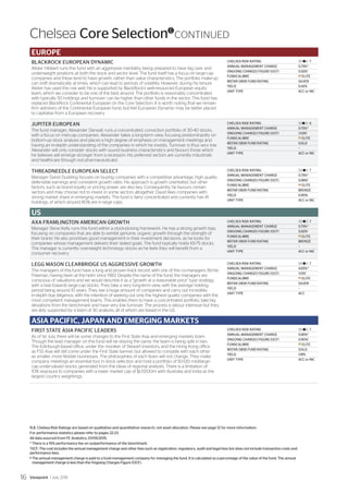 EUROPE
BLACKROCK EUROPEAN DYNAMIC
Alister Hibbert runs this fund with an aggressive mentality, being prepared to have big over and
underweight positions at both the stock and sector level. The fund itself has a focus on large-cap
companies and these tend to have growth, rather than value characteristics. The portfolio make-up
can shift dramatically at times, which can lead to periods of volatility. However, during his tenure
Alister has used this risk well. He is supported by BlackRock’s well-resourced European equity
team, which we consider to be one of the best around. The portfolio is reasonably concentrated
with typically 50 holdings and turnover can be higher than other funds in the sector. This fund has
replaced BlackRock Continental European on the Core Selection. It is worth noting that we remain
firm admirers of the Continental European fund, but feel European Dynamic may be better placed
to capitalise from a European recovery.
CHELSEA RISK RATING	 ||||||l||| 7
ANNUAL MANAGEMENT CHARGE	 0.75%#
ONGOING CHARGES FIGURE (OCF)	 0.93%†
FUNDCALIBRE	 e ELITE
MSTAR OBSR FUND RATING	 SILVER
YIELD	0.42%
UNIT TYPE	 ACC or INC
JUPITER EUROPEAN
The fund manager, Alexander Darwall, runs a concentrated, conviction portfolio of 30-40 stocks,
with a focus on mid-cap companies. Alexander takes a long-term view, focusing predominantly on
bottom-up stock analysis and places a high degree of emphasis on management meetings and
having an in-depth understanding of the companies in which he invests. Turnover is thus very low.
Alexander will only consider stocks with sound business characteristics and favours those which
he believes will emerge stronger from a recession. His preferred sectors are currently industrials
and healthcare (though not pharmaceuticals).
CHELSEA RISK RATING	 |||||l|||| 6
ANNUAL MANAGEMENT CHARGE	 0.75%#
ONGOING CHARGES FIGURE (OCF)	 1.03%†
FUNDCALIBRE	 e ELITE
MSTAR OBSR FUND RATING	 GOLD
YIELD	–
UNIT TYPE	 ACC or INC
THREADNEEDLE EUROPEAN SELECT
Manager David Dudding focuses on buying companies with a competitive advantage, high quality
defensible earnings and consistent growth rates. His approach is growth orientated, but other
factors, such as brand loyalty or pricing power, are also key. Consequently, he favours certain
sectors and may choose not to invest in some sectors altogether. David likes companies with
strong market share in emerging markets. The fund is fairly concentrated and currently has 41
holdings, of which around 80% are in large caps.
CHELSEA RISK RATING	 ||||||l||| 7
ANNUAL MANAGEMENT CHARGE	 0.75%#
ONGOING CHARGES FIGURE (OCF)	 0.88%†
FUNDCALIBRE	 e ELITE
MSTAR OBSR FUND RATING	 BRONZE
YIELD	0.90%
UNIT TYPE	 ACC or INC
US
AXA FRAMLINGTON AMERICAN GROWTH
Manager Steve Kelly runs this fund within a stock-picking framework. He has a strong growth bias,
focusing on companies that are able to exhibit genuine, organic growth through the strength of
their brand. He also prioritises good management in their investment decisions, as he looks for
companies whose management delivers their stated goals. The fund typically holds 65-75 stocks.
The manager is currently overweight technology stocks as he feels they will benefit from a
consumer recovery.
CHELSEA RISK RATING	 ||||||l||| 7
ANNUAL MANAGEMENT CHARGE	 0.75%#
ONGOING CHARGES FIGURE (OCF)	 0.82%†
FUNDCALIBRE	 e ELITE
MSTAR OBSR FUND RATING	 BRONZE
YIELD	–
UNIT TYPE	 ACC or INC
LEGG MASON CLEARBRIDGE US AGGRESSIVE GROWTH
The managers of this fund have a long and proven track record, with one of the co-managers, Richie
Freeman, having been at the helm since 1983. Despite the name of the fund, the managers are
conscious of valuations and we would describe it as a “growth at a reasonable price” type strategy,
with a bias towards large-cap stocks. They take a very long-term view, with the average holding
period being around 10 years. They see a huge amount of companies and carry out incredibly
in-depth due diligence, with the intention of seeking out only the highest quality companies with the
most competent management teams. This enables them to have a concentrated portfolio, take big
deviations from the benchmark and have very low turnover. The process is labour intensive but they
are ably supported by a team of 30 analysts, all of whom are based in the US.
CHELSEA RISK RATING	 ||||||l||| 7
ANNUAL MANAGEMENT CHARGE	 0.65%#
ONGOING CHARGES FIGURE (OCF)	 1.13%†
FUNDCALIBRE	 e ELITE
MSTAR OBSR FUND RATING	 SILVER
YIELD	–
UNIT TYPE	 ACC
ASIA PACIFIC, JAPAN AND EMERGING MARKETS
FIRST STATE ASIA PACIFIC LEADERS
As of 1st July, there will be some changes to the First State Asia and emerging markets team.
Though the lead manager on this fund will be staying the same, the team is being split in two.
The Edinburgh-based office, under the moniker of Stewart Investors, and the Hong Kong office
as FSS Asia will still come under the First State banner, but allowed to compete with each other
as smaller, more flexible businesses. The philosophies of each team will not change. They make
company meetings an essential tool in stock selection and hold a portfolio of 50-120 mid/large-
cap undervalued stocks, generated from the ideas of regional analysts. There is a limitation of
10% exposure to companies with a lower market cap of $US500m with Australia and India as the
largest country weightings.
CHELSEA RISK RATING	 ||||||l||| 7
ANNUAL MANAGEMENT CHARGE	 0.85%#
ONGOING CHARGES FIGURE (OCF)	 0.90%†
FUNDCALIBRE	 e ELITE
MSTAR OBSR FUND RATING	 GOLD
YIELD	1.18%
UNIT TYPE	 ACC or INC
Chelsea Core SelectionC
CONTINUED
N.B. Chelsea Risk Ratings are based on qualitative and quantitative research, not asset allocation. Please see page 12 for more information.
For performance statistics please refer to pages 22-23.
All data sourced from FE Analytics, 01/05/2015.
* There is a 15% performance fee on outperformance of the benchmark.
†
OCF: The cost includes the annual management charge and other fees such as registration, regulatory, audit and legal fees but does not include transaction costs and
performance fees.
# The annual management charge is paid to a fund management company for managing the fund. It is calculated as a percentage of the value of the fund. The annual
management charge is less than the Ongoing Charges Figure (OCF).
Viewpoint / July 201516
 