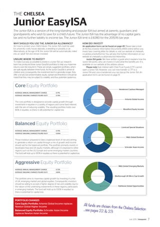 Aggressive Equity Portfolio
AVERAGE ANNUAL MANAGEMENT CHARGE	 0.72%
AVERAGE ONGOING CHARGES FIGURE (OCF)	 0.83%	
The portfolio aims to maximise capital growth by investing in a mix
of UK, emerging market and global equities. Consequently, investors
should be willing to accept a higher degree of risk and volatility due to
the nature of the underlying investments in these regions, particularly
in emerging markets. The fund will hold up to 100% in equities so
there is potential for capital loss.
Balanced Equity Portfolio
AVERAGE ANNUAL MANAGEMENT CHARGE	 0.75%
AVERAGE ONGOING CHARGES FIGURE (OCF)	 0.90%	
Those investors prepared to take a balanced level of risk and aiming
to generate a return on capital through a mix of growth and income
should opt for the balanced portfolio. The portfolio primarily invests in
developed Asia and UK equity markets, although it is exposed to other
regions such as the US, Europe and some emerging market countries.
The fund will hold up to 100% in equities so there is potential for capital loss.
Core Equity Portfolio
AVERAGE ANNUAL MANAGEMENT CHARGE	 0.71%
AVERAGE ONGOING CHARGES FIGURE (OCF)	 0.76%	
The core portfolio is designed to provide capital growth through
investment in equities in a variety of regions and some fixed interest,
with the aim of reducing volatility. The resulting portfolio holds over
80% in equities, so there is still potential for capital loss.
THE CHELSEA
Junior EasyISA
The Junior ISA is a version of the long-standing and popular ISA but aimed at parents, guardians and
grandparents who wish to save for a child’s future. The Junior ISA has the advantage of no capital gains
tax and no further liability to income tax. The Junior ISA limit is £4,080 for the 2015/16 tax year.
•––––––––––––––––––––––––––– MG Global Emerging Markets
•––––––––––––––––––––----------------------------–––––––––– Marlborough UK Micro Cap Growth
•––––––––––––––––––––––––––––– Rathbone Global Opportunities
•–––––––––––––––––––––––––– Henderson Cautious Managed
•––––––––––––––––––––––––––––––––––––––––––––––––––––––––––––––Artemis Global Income
•–––––––––––––––––––––––––––––––––––––––––––––– Woodford Equity Income
WHY SHOULD YOU USE THE JUNIOR ISA ALLOWANCE?
Act now to protect your child’s future. The Junior ISA could be used
for university costs, house deposits, a wedding or possibly a car.
Alternatively, at the age of 18, the Junior ISA will be automatically rolled
into an ‘adult’ ISA and remain invested.
UNSURE WHERE TO INVEST?
To make it as easy as possible to invest in a Junior ISA, our research
team has produced three Junior EasyISA portfolios to help you maximise
returns over the long term. These are simply suggested portfolios, which
are split equally between three funds. As the Junior EasyISA is aimed at
children and, consequently, the investment term is generally longer, they
offer a broad, but predominately equity, spread and therefore it should be
noted that they may be subject to volatility, and thus potential capital loss.
HOW DO I INVEST?
An application form can be found on page 49. Please take a look
at the Key Investor Information Documents (KIID) online before you
invest (see covering letter for details or visit our website at chelseafs.
co.uk/documents/forms). You will also find further information on our
website at chelseafs.co.uk/products/children/isa.
Junior ISA guide: We have written a guide which explains how the
Junior ISA works, who can invest in it and what the benefits are. It is
available on our website at the address above.
Please note that children with Child Trust Funds (CTF) cannot
open a Junior ISA. However, you can now transfer a CTF to a
Junior ISA and, once transferred, you can top-up the Junior ISA. An
application form can be found on page 51.
All funds are chosen from the Chelsea Selection...see pages 22  23
PORTFOLIO CHANGES
Core Equity Portfolio: Artemis Global Income replaces
Newton Global Higher Income
Balanced Equity Portfolio: Schroder Asian Income
replaces Newton Asian Income
•–––––––––––––––––––––––––––––– Liontrust Special Situations
•–––––––––––––––––––––––––––––––––----------------------------––––––––––––––––– MG Global Dividend
•––––––––––––––––––––––––––––––––––––––––– Schroder Asian Income
July 2015 / Viewpoint 7
 