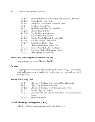 98	

Software Testing Interview Questions

SP	 1.2-1	
SP	 1.3-1	
SP	 1.4-1	
SG	2	
SP	 2.1-1	
SP	 2.2-1	
SP	 2.3-1	
SP	 2.4-1	
SP	 2.5-1	
SP	 2.6-1	
SP	 2.7-1	
SG	3	
SP	 3.1-1	
SP	 3.2-1	
SP	 3.3-1	

Establish Estimates of Work Product and Task Attributes
Define Project Life Cycle
Determine Estimates of Effort and Cost
Develop a Project Plan
Establish the Budget and Schedule
Identify Project Risks
Plan for Data Management
Plan for Project Resources
Plan for Needed Knowledge and Skills
Plan Stakeholder Involvement
Establish the Project Plan
Obtain Commitment to the Plan
Review Plans that Affect the Project
Reconcile Work and Resource Levels
Obtain Plan Commitment

Process and Product Quality Assurance (PPQA)
A support process area at Maturity Level 2.
Purpose
The purpose of Process and Product Quality Assurance (PPQA) is to provide
staff and management with objective insight into processes and associated
work products.
Specific Practices by Goal
SG	1	
Objectively Evaluate Processes and Work Products
SP	 1.1-1	 Objectively Evaluate Processes
SP	 1.2-1	 Objectively Evaluate Work Products and Services
SG	2	
Provide Objective Insight
SP	 2.1-1	
Communicate and Ensure Resolution of Noncompliance
Issues
SP	 2.2-1	 Establish Records
Quantitative Project Management (QPM)
A Project Management process area at Maturity Level 4.

 