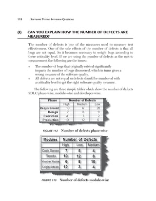 118	

(I)	

Software Testing Interview Questions

Can you explain how the number of defects are 	
measured?
The number of defects is one of the measures used to measure test
effectiveness. One of the side effects of the number of defects is that all
bugs are not equal. So it becomes necessary to weight bugs according to
there criticality level. If we are using the number of defects as the metric
measurement the following are the issues:
n

n

T
 he number of bugs that originally existed significantly
impacts the number of bugs discovered, which in turns gives a
wrong measure of the software quality.
A
 ll defects are not equal so defects should be numbered with
a criticality level to get the right software quality measure.

The following are three simple tables which show the number of defects
SDLC phase-wise, module-wise and developer-wise.

Figure 112 

Figure 113 

Number of defects phase-wise

Number of defects module-wise

 