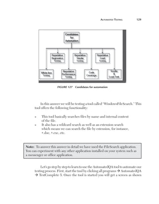 Automated Testing	

129

Figure 127  Candidates for automation

In this answer we will be testing a tool called “WindowsFileSearch.” This
tool offers the following functionality:
n

n

T
 his tool basically searches files by name and internal content
of the file.
I
 t also has a wildcard search as well as an extension search
which means we can search the file by extension, for instance,
*.doc, *.exe, etc.

Note:  To answer this answer in detail we have used the FileSearch application.
You can experiment with any other application installed on your system such as
a messenger or office application.
Let’s go step by step to learn to use the AutomatedQA tool to automate our
testing process. First, start the tool by clicking all programs ‡ AutomatedQA
‡ TestComplete 5. Once the tool is started you will get a screen as shown

 
