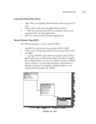 Testing Estimation	

External Interface Files (EIFs)
n

n
n

n

T
 hese files are logically related data from the user point of
view.
EIFs reside in the external application boundary.
EIFs are used only for reference purposes and are not
maintained by internal applications.
EIFs are maintained by external applications.

Record Element Type (RET)
The following points are to be noted for RETs:
n
n

n

An RET is a sub-group element data of ILF or EIF.
I
 f there is no sub-group of ILF then count the ILF itself as
one RET.
A group of RETs within ILF are logically related. Most
likely with a parent-child relationship. Example: A supplier
has multiple addresses and every address can have multiple
phone numbers (see the following figure which shows a
database diagram). So, Supplier, SupplierAddress, and
SupplierPhoneNumber are a RETs.

Figure 156  RET

153

 