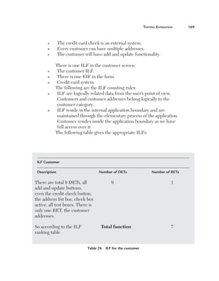 Testing Estimation	

n
n
n

n
n
n

n

n

The credit card check is an external system.
Every customer can have multiple addresses.
The customer will have add and update functionality.
There is one ILF in the customer screen:
The customer ILF.
There is one EIF in the form.
Credit card system.
The following are the ILF counting rules:
I
 LF are logically related data from the user’s point of view.
Customers and customer addresses belong logically to the
customer category.
I
 LF reside in the internal application boundary and are
maintained through the elementary process of the application.
Customer resides inside the application boundary as we have
full access over it.
The following table gives the appropriate ILFs:

ILF Customer
Description	

Number of DETs	

There are total 9 DETs, all 	
add and update buttons,  
even the credit check button,  
the address list box, check box  
active, all text boxes. There is  
only one RET, the customer  
addresses.
So according to the ILF 	
ranking table

9	

Total function	

Table 26  ILF for the customer

Number of RETs

1

7

169

 