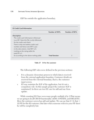 170	

Software Testing Interview Questions

EIF lies outside the application boundary.

EI Credit Card Information
	

Number of DETs	

Description
The credit card information referenced	
is an EIF. Note this file is only referenced	
for the credit card check.	
There’s only one textbox credit card	
number and hence one DET is put	
in the side column. And RET is 0.	
Looking at the rating table the	
total FP is 5.
So according to the above ranking table	

1	

Total function	

Number of RETs

1

5

Table 27  EI for the customer

The following EIF rules were defined in the previous sections:
n

n

I
 t is a dynamic elementary process in which data is received
from the external application boundary. Customer details are
received from the external boundary, that is, the customer
input screen.
E
 I may maintain the ILF of the application, but it’s not a
compulsory rule. In this sample project the customer ILF is
maintained. So there are two EI: one for add and one from
update.

While counting EI I have seen many people multiply it by 3.That means
we are going to do all CRUD functionality (ADD, UPDATE, and DELETE).
Here the customer screen has add and update. We can say that 2 * 6; that 5
12 FP for this EI customer. But later when someone refers to your FP sheet
he will be completely lost.

 